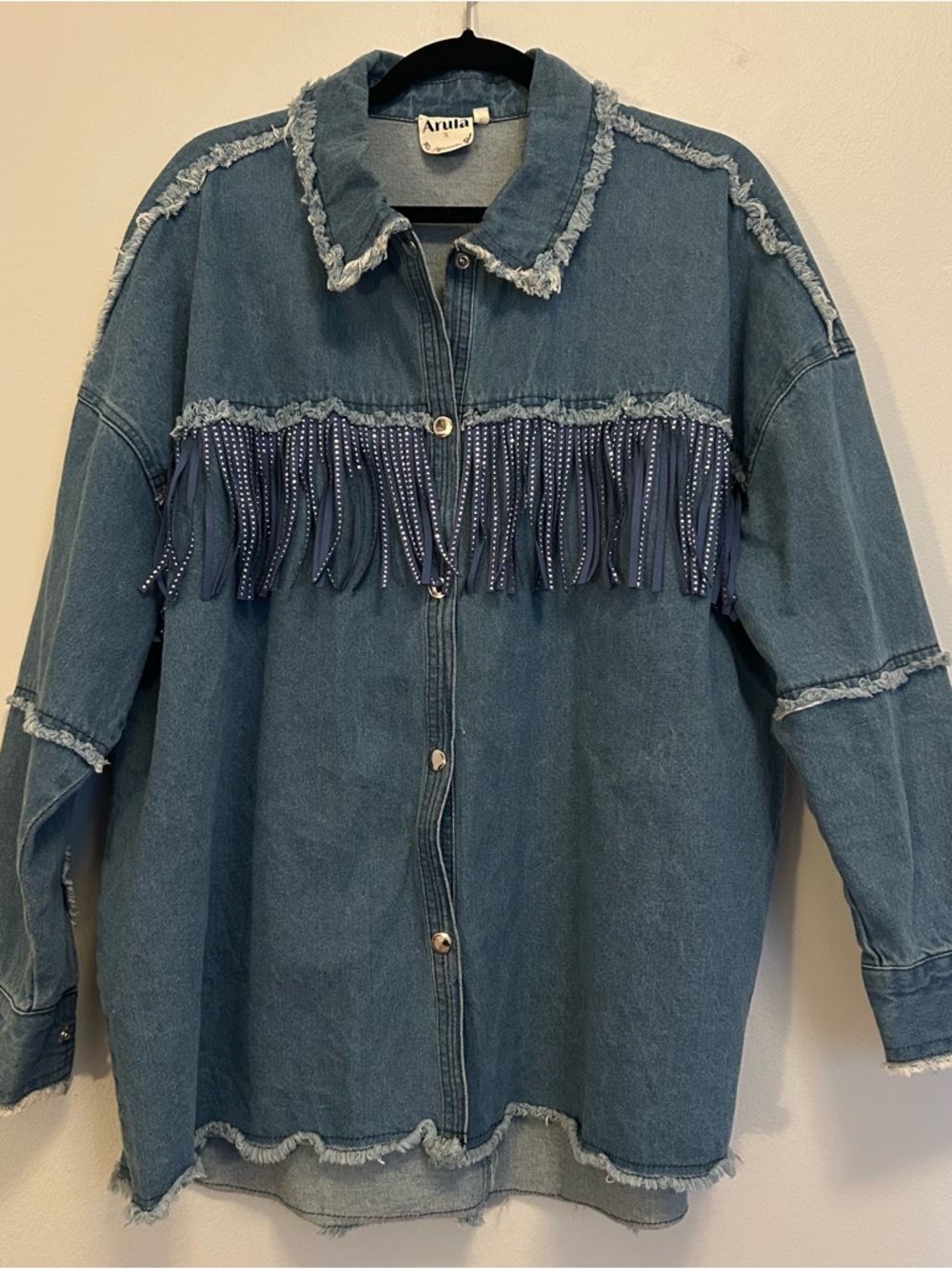ARULA Light Blue Denim Jacket with Sequin Fringe Detail